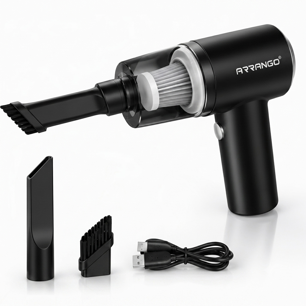 Aspirapolvere Portatile Ricaricabile USB Senza Fili | Mini Aspiratore per Auto, Casa e Ufficio | Beccuccio per Fessure, Spazzola, Filtro Lavabile | Compatto e Leggero